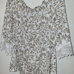 NWT I.N. STUDIO Tan/White Off The Shoulder Top w/Lace Trim, Size XL(12/14)